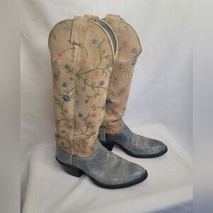 Olathe Womens Vintage Ostrich and Floral Embroidered Roughout Cowboy Boots Sz 7